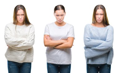 Kolaj üzerinde beyaz kış kazak giyen genç güzel kız bir arka plan şüpheci ve çapraz kolları olan yüzündeki gergin, onaylamayan ifade izole. Negatif kişi.