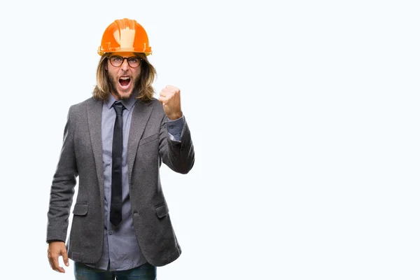 Joven Hombre Arquitecto Guapo Con Pelo Largo Con Casco Seguridad — Foto de Stock