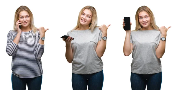 Collage Young Beautiful Blonde Business Woman Using Smartphone White Isolated — Stock Photo, Image