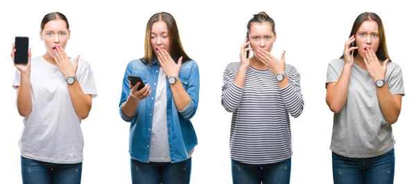 Collage Young Girl Using Smartphone White Isolated Background Cover Mouth — Stock Photo, Image