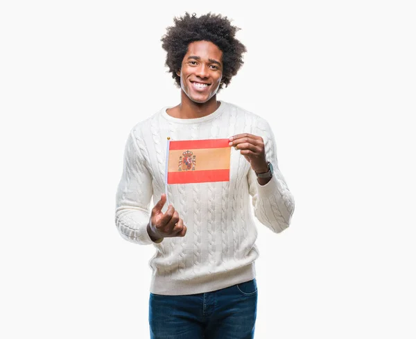 Afroamerikanischer Mann Flagge Spaniens Über Isoliertem Hintergrund Mit Einem Glücklichen — Stockfoto