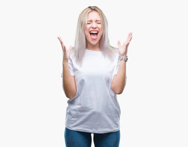 Young Blonde Woman Isolated Background Celebrating Mad Crazy Success Arms — Stock Photo, Image