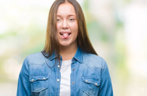 Joven Mujer Hermosa Caucásica Sobre Fondo Aislado Sacando Lengua Feliz —  Fotos de Stock