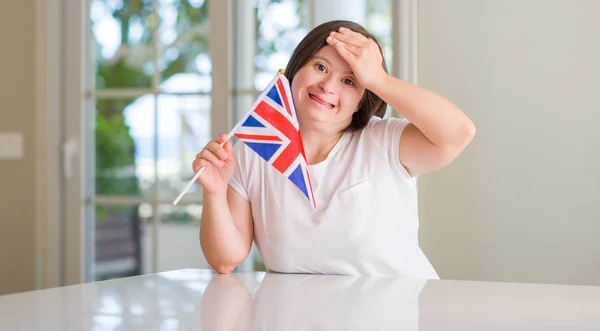 Syndrome Woman Home Holding Flag Stressed Hand Head Shocked Shame — Stock Photo, Image