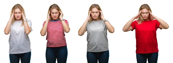 Collage Joven Hermosa Mujer Rubia Con Una Camiseta Sobre Fondo —  Fotos de Stock