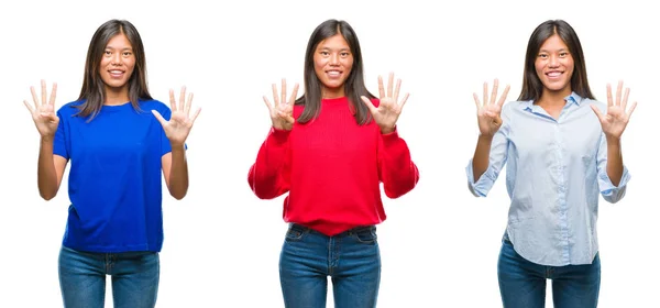 Colagem Asiático Jovem Mulher Sobre Branco Isolado Fundo Mostrando Apontando — Fotografia de Stock