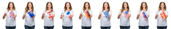 Collage Mujer Madura Mediana Edad Sosteniendo Banderas Diferentes Países Sobre — Foto de Stock