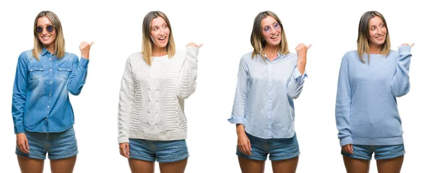 Collage Van Blonde Mooie Vrouw Dragen Casual Look Witte Geïsoleerde — Stockfoto