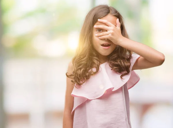 Brunette Hispanic Girl Wearing Pink Dress Peeking Shock Covering Face — Stock Photo, Image