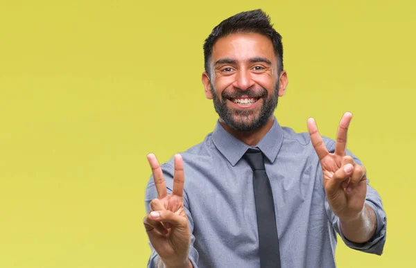 Homem Negócios Hispânico Adulto Sobre Fundo Isolado Sorrindo Olhando Para — Fotografia de Stock