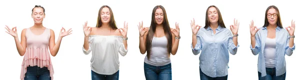 年轻美丽的黑发女孩拼贴在白色孤立的背景放松和微笑与眼睛闭上做冥想手势用手指 瑜伽概念 — 图库照片