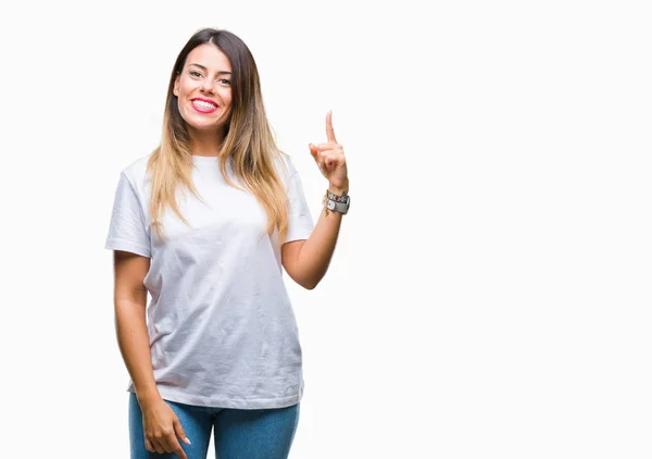 Joven Hermosa Mujer Casual Camiseta Blanca Sobre Fondo Aislado Señalando — Foto de Stock