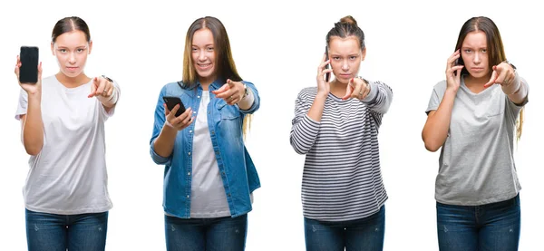 Collage Young Girl Using Smartphone White Isolated Background Pointing Finger — Stock Photo, Image