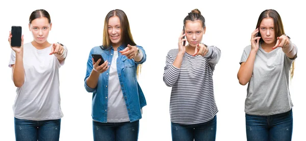 Collage Giovane Ragazza Utilizzando Smartphone Sfondo Bianco Isolato Che Punta — Foto Stock