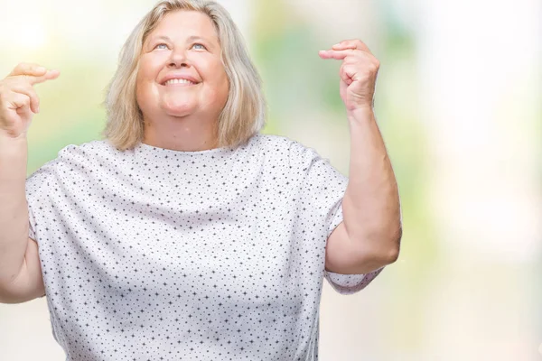 Senior Más Tamaño Mujer Caucásica Sobre Fondo Aislado Sonriendo Cruzando — Foto de Stock