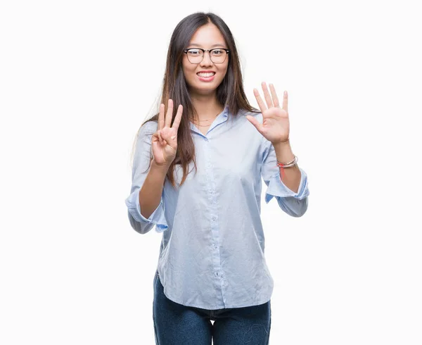 Joven Mujer Negocios Asiática Con Gafas Sobre Fondo Aislado Mostrando —  Fotos de Stock