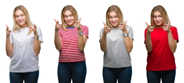 Colagem Jovem Bela Mulher Loira Vestindo Uma Camiseta Sobre Branco — Fotografia de Stock