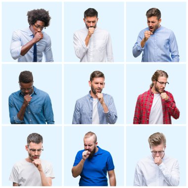 Kolaj bir grup iş ve sıradan erkekler duygu hasta ve soğuk veya bronşit için semptom olarak öksürük izole arka plan üzerinde. Sağlık kavramı.