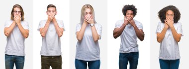 Kolaj grup izole arka plan ağız hata için elleriyle kapsayan şok üzerinde beyaz t-shirt giyen genç insan. Gizli kavramı.