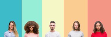 Kolaj grup üzerinde renkli vintage izole arka plan şüpheci ve sinir, papatyanın üzgün sorun nedeniyle genç insan. Negatif kişi.