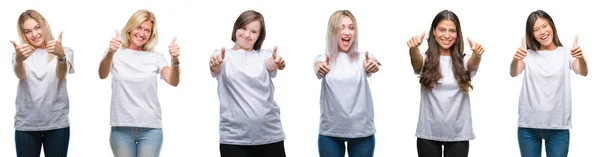 Collage Gruppo Donne Che Indossano Shirt Bianca Sfondo Isolato Approvando — Foto Stock