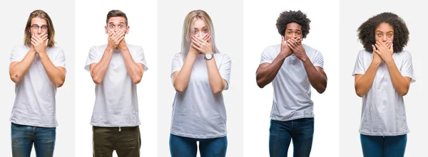 孤立した背景のミスのための手で口を覆っているショックを受けた上白い シャツを着た若者のグループのコラージュ 秘密の概念 — ストック写真