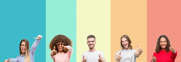 Collage Group Young People Colorful Vintage Isolated Background Approving Doing — Stock Photo, Image