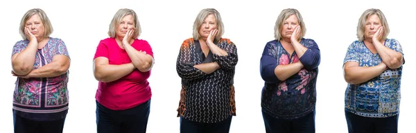 Collage Einer Älteren Dicken Frau Mit Isoliertem Hintergrund Die Müde — Stockfoto