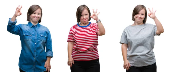 Collage Abajo Mujer Síndrome Sobre Fondo Aislado Sonriendo Positiva Haciendo —  Fotos de Stock