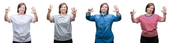 Коллаж Вниз Синдрома Женщина Изолированном Фоне Показывая Показывая Вверх Пальцами — стоковое фото