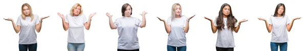 Collage Grupo Mujeres Con Camiseta Blanca Sobre Fondo Aislado Expresión — Foto de Stock
