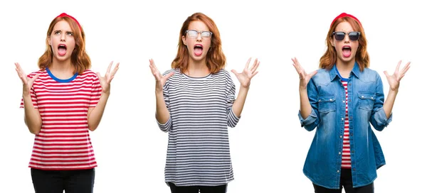 Collage Young Beautiful Redhead Woman Isolated Background Crazy Mad Shouting — Stock Photo, Image