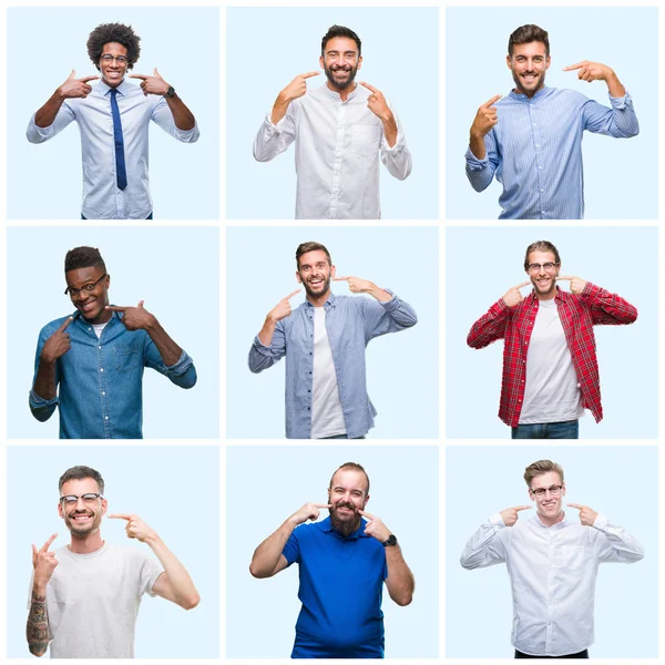 Collage Gruppo Uomini Affari Casual Sfondo Isolato Sorridente Fiducioso Mostrando — Foto Stock