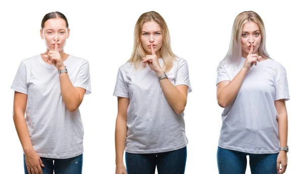 唇に指で静かにするように求めて孤立の背景に白い シャツを着た若い女性のグループのコラージュ 沈黙と秘密の概念 — ストック写真