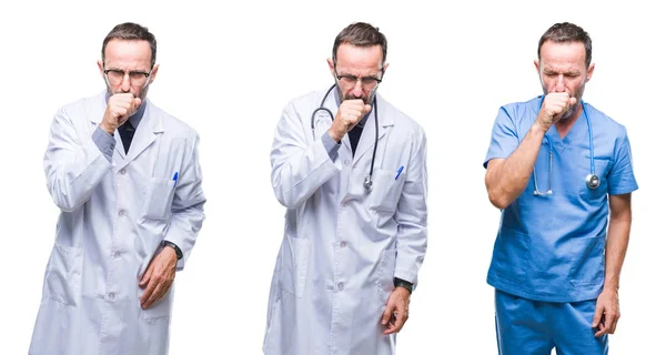 Collage Guapo Médico Senior Con Uniforme Cirujano Sobre Fondo Aislado — Foto de Stock