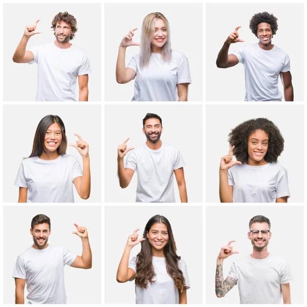 Koláž Skupiny Lidí Nosí Ležérní Bílé Tričko Usmívá Izolovaná Pozadí — Stock fotografie