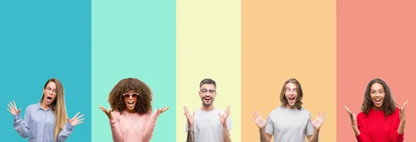 Collage Van Groep Jongeren Kleurrijke Vintage Geïsoleerde Achtergrond Vieren Gek — Stockfoto
