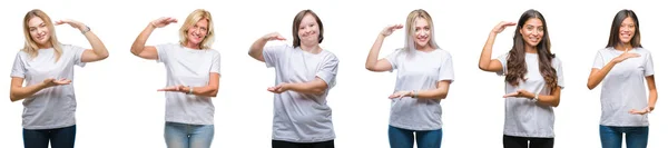 Colagem Grupo Mulheres Vestindo Camiseta Branca Sobre Fundo Isolado Gesto — Fotografia de Stock