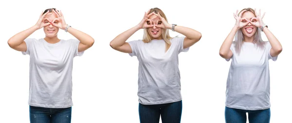 Collage Grupo Mujeres Jóvenes Con Una Camiseta Blanca Sobre Fondo —  Fotos de Stock