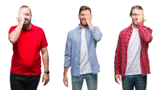 Collage Grupp Unga Män Över Isolerade Bakgrund Som Täcker Ena — Stockfoto