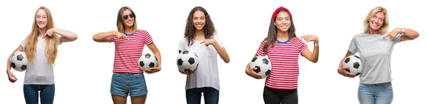 Collage Van Groep Jonge Senior Vrouwen Houdt Van Voetbal Geïsoleerde — Stockfoto