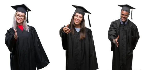 Colagem Grupo Jovens Estudantes Vestindo Uniforme Universitário Formou Sobre Fundo — Fotografia de Stock