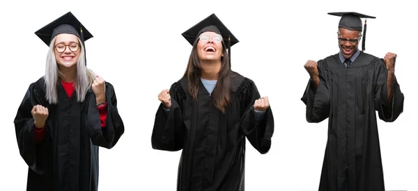 Collage Groupe Jeunes Étudiants Portant Uniforme Universitaire Diplômé Sur Fond — Photo