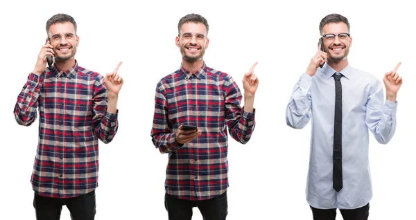 Collage Ung Affärsman Som Arbetar Med Smartphone Över Vita Isolerade — Stockfoto