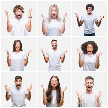 Kolaj Grup deli ve çığlık kaldırdı ve açık gözleri heyecanlı silah ile başarı için hayran kutluyor izole arka plan üzerinde rahat beyaz t-shirt giyen insan. Kazanan kavramı