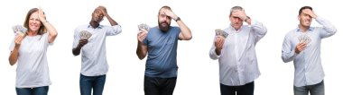 Kolaj bir iş insanların kafasında, utanç ve sürpriz yüz ile şok el ile vurguladı izole arka plan üzerinde dolar nakit sürü holding grup öfkeli ve sinirli. Korku ve hata için üzgün.