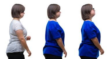 Sydrome kadını tarafına bakarak izole arka plan üzerinde kolaj, kendine güvenen gülümseme ile doğal yüz pozuyla profil sakin ol.