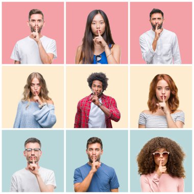 Collage of group of young people woman and men over colorful isolated background asking to be quiet with finger on lips. Silence and secret concept. clipart