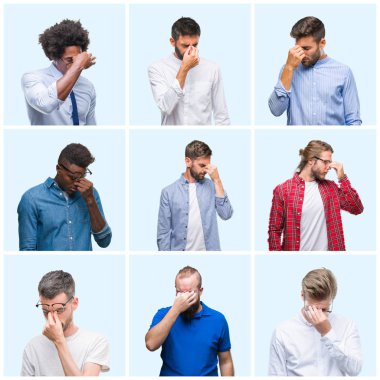 Kolaj bir grup iş ve sıradan erkekler üzerinde izole arka burun ve göz yorgunluğu ve baş ağrısı duygu sürtünme yorgun. Stres ve hayal kırıklığı kavramı.