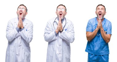 Yalvarıyor ve umut ifade yüzünde çok duygusal ve endişe ile birlikte elleriyle dua izole arka plan üzerinde cerrah üniforma giyen yakışıklı üst düzey ağarmış Doktor adam kolaj. Bağışlanmak. Din kavramı.